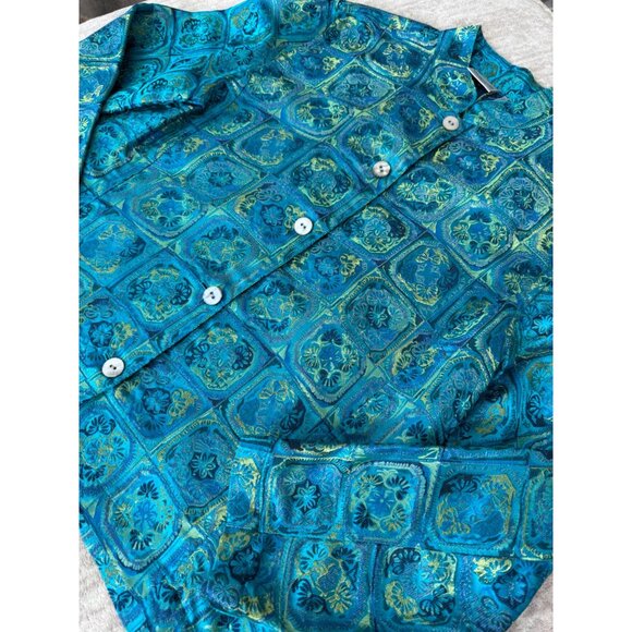 Chicos Turquoise & Gold Button-Up Silk Blend Jacket - Size 1 or U.S. 8 Asian Ins - Picture 2 of 7